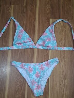 SHEIN Blue & Coral Tropical Triangle Bikini Set